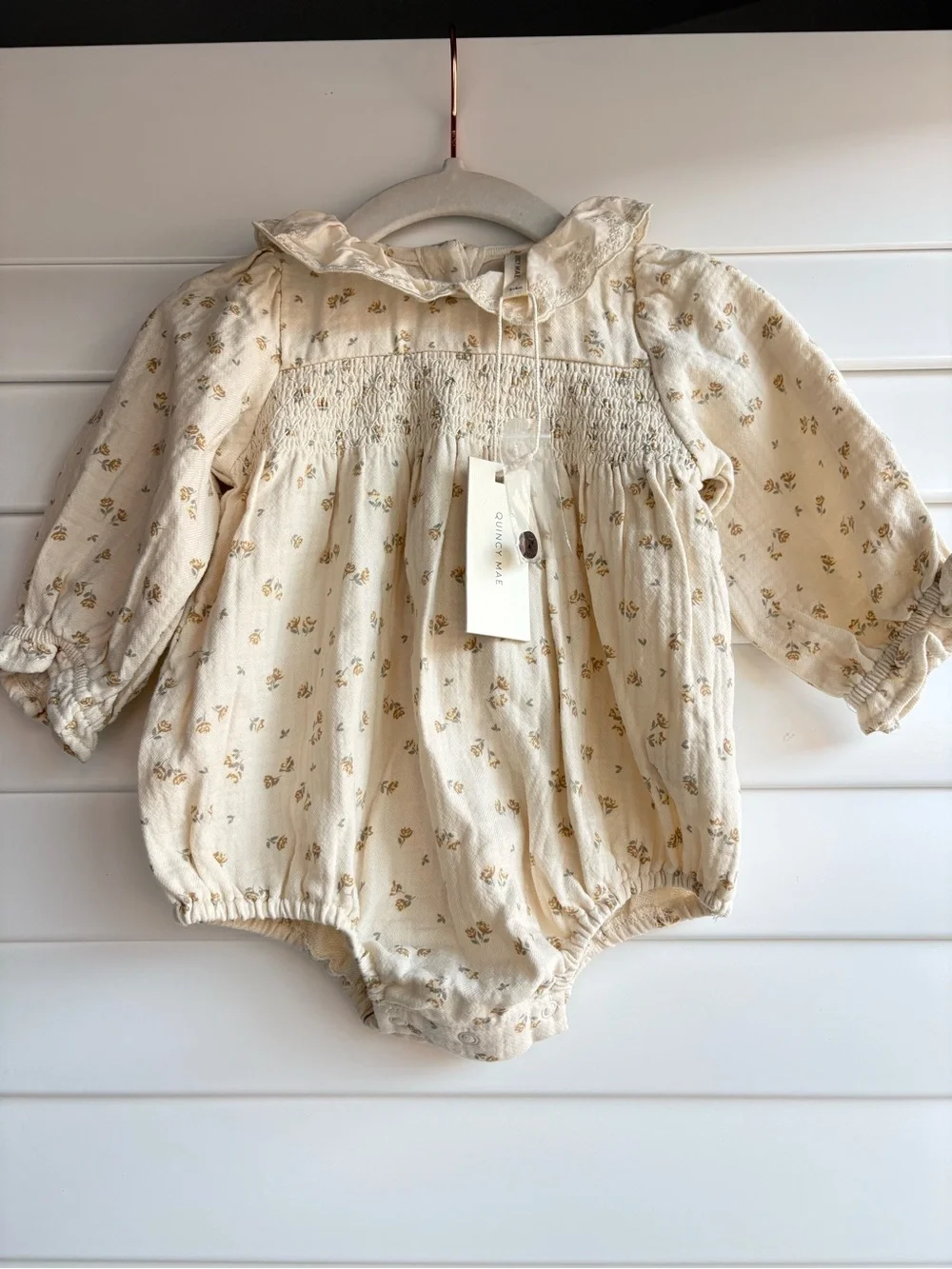 Quincy Mae Cream Romper with Tiny Gold Floral Print